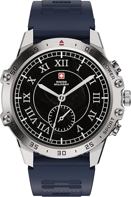 Swiss Military DOM5 Smartwatch 1.43" AMOLED, Bluetooth Calling, Multi Language, Health & Sports Tracking, Wireless Charging, 7 Days Battery, IP68, iOS/Android Compatible,Silver Frame with Blue Strap on Amazon.ae - Price Tracker