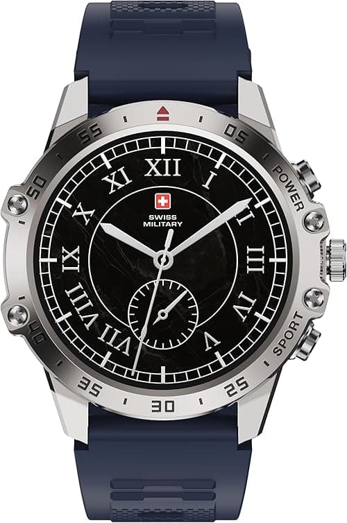 Swiss Military DOM5 Smartwatch 1.43" AMOLED, Bluetooth Calling, Multi Language, Health & Sports Tracking, Wireless Charging, 7 Days Battery, IP68, iOS/Android Compatible,Silver Frame with Blue Strap on Amazon.ae - Price Tracker