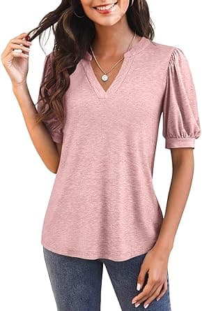Imily Bela Womens V Neck T Shirts Casual Puff Sleeve Loose Dressy Blouses Summer Tops on Amazon.ae - Price Tracker