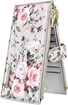 Womens RFID Blocking Multi Card Organizer Bifold Wallet with Zipper Pocket,Grey Flowers on Amazon.ae - Price Tracker