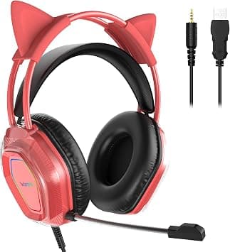Wantek Cute Cat-Ear Gaming Headset - 50mm Drivers, Noise-Cancelling Mic, 3.5mm Wired Stylish & Lightweight Design (Red) on Amazon - Best Deal Finder