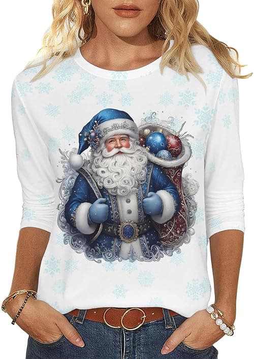 Christmas Jumper Women UK Funny Christmas Tee Shirts Ladies Round Neck 3/4 Sleeve T Shirt Xmas Tree Santa Cruz Print Blouse Pullover Novelty Xmas Tops Dressy Shirts Holiday Blouse on Amazon.ae - Price Tracker
