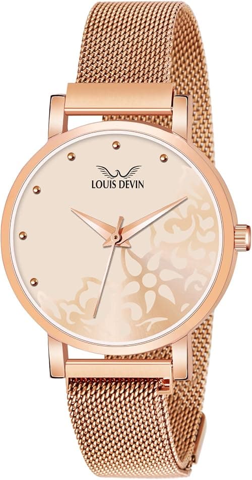 LOUIS DEVIN Rose Gold Metal Mesh Chain Analog Wrist Watch for Women | LD-RG154 on Amazon.ae - Price Tracker