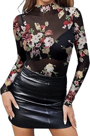 SEBOWEL Mesh Top Women's Sexy Sheer Mesh Floral Pattern Long Sleeve Shirt Transparent Tops Blouse Party Outfits on Amazon.ae - Price Tracker