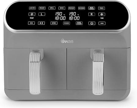 Swan SD10519GR Retro Dual Basket Air Fryer with Swan Cyclone Technology, LED Display, 8 Pre-Set Cooking Options, Adjustable Temperature, 8L, 1700W, Grey on Amazon - Best Deal Finder