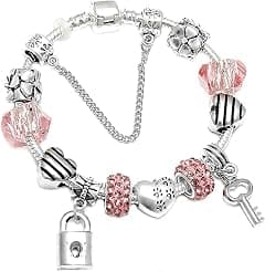 A 925 silver bracelet adorned with beads and pandora elements and two earrings in the form of a lock and a key - متتبع أسعار Amazon.sa