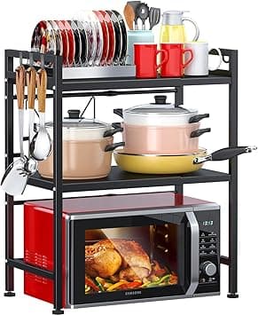 Yoawllty Microwave Stand, 2-Tier Microwave Oven Rack With 6 Hooks, Expandable Horizontal Extension Microwave Shelf, Kitchen Counter Organizer for Toaster Oven Rice Cooker on Amazon.ae - Price Tracker