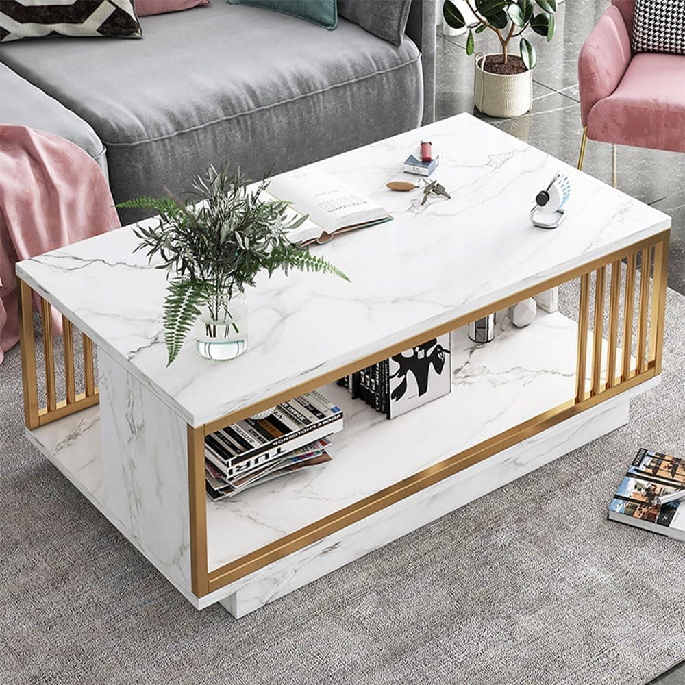 LEDIN Coffee Table, 47.61-inch Modern Coffee Tables for Living Room, 2-Tier Faux Marble Wood Coffee Table, Furniture with Storage Shelf 120x60x40cm (White) on Amazon.ae - Price Tracker