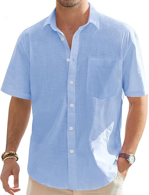 J.VER Men's Cotton Linen Short Sleeve Shirts Casual Lightweight Button Down Shirt Beach Summer Tops with Pocket on Amazon.ae - Price Tracker