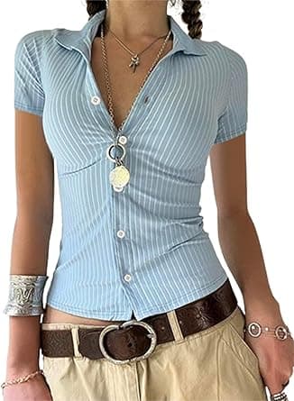 Women Y2k Button Down Shirts Ruched Lapel Collar Short Sleeve Office Business Blouse Summer Fashion Street Tops on Amazon.ae - Price Tracker