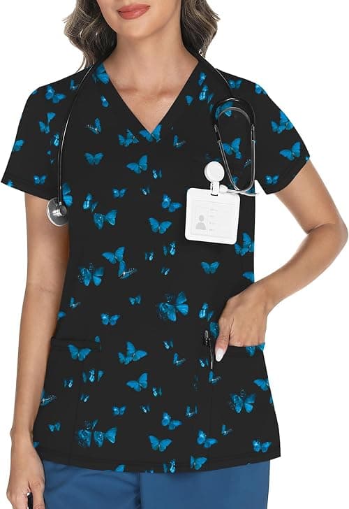 LOMON Women's V Neck Printed Scrub Top with 3 Pockets on Amazon.ae - Price Tracker
