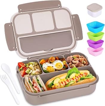 Bento Box Adult Lunch Box, Containers for Adults Men Women with 4 Compartments, Lunchable Food Container with Utensils, Sauce Jar, Muffin Liners, 40 Oz/5 Cup, Microwave & Dishwasher Safe, Brown on Amazon.ae - Price Tracker