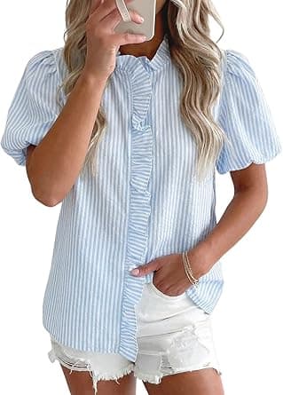 Astylish Women Striped Blouses Spring Summer Ruffle Collar Puff Sleeve Button Down Shirts Business Casual Tops on Amazon.ae - Price Tracker