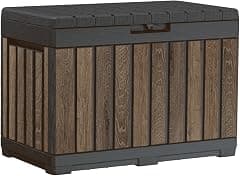 Keter Signature Everwood 50 Gallon Resin Deck Box-Organization and Storage for Patio Cushions, Throw Pillows and Garden Tools, Walnut - متتبع أسعار Amazon.sa