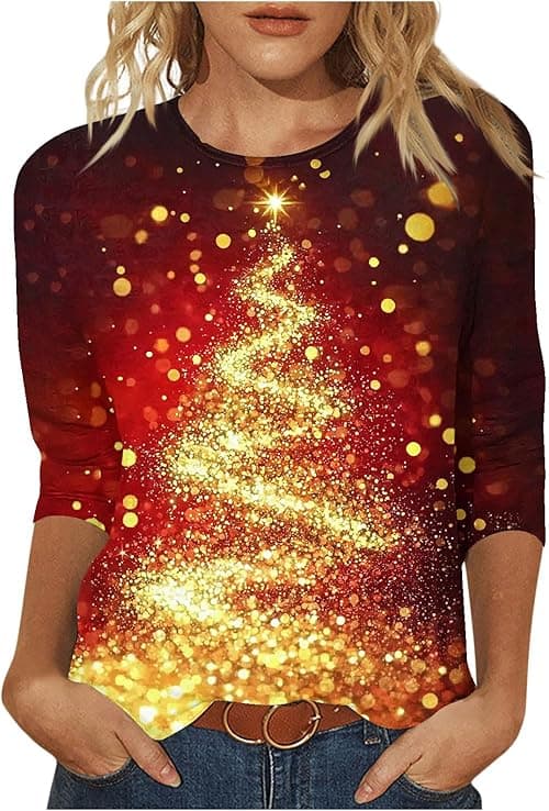 Christmas T Shirts Women Ugly Christmas Jumper Ladies Round Neck 3/4 Sleeve T Shirt Xmas Tree Snowflake Santa Printed Tops T-Shirt Tunic Jumpers Dressy Tunic Top Going Out Blouse on Amazon.ae - Price Tracker