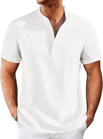 Runcati Mens Henley Shirts Short Sleeve Casual Linen Band Collar T-Shirt Summer Beach Vacation Tops على Amazon.ae - متتبع الأسعار