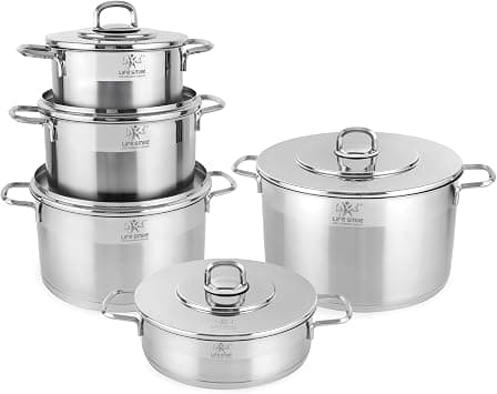 LIFE SMILE Stainless Steel Cookware Set with Lids, 20cm, 24cm, 28cm and 32cm Soup Pots + 28cm Shallow Pot-Multi-Size Cooking Pots, Premium Quality, Durable Design for Home Kitchen على Amazon.ae - متتبع الأسعار