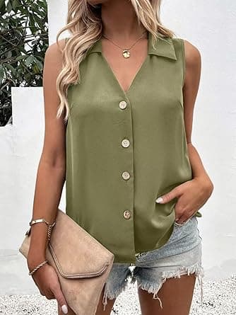 Women's Solid Color V-Neck Loose Chiffon Blouse Sleeveless Button-Down Vest Shirt on Amazon.ae - Price Tracker