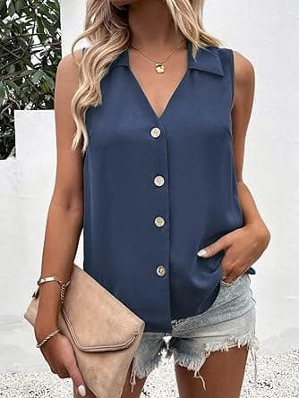 Women's Solid Color V-Neck Loose Chiffon Blouse Sleeveless Button-Down Vest Shirt on Amazon.ae - Price Tracker
