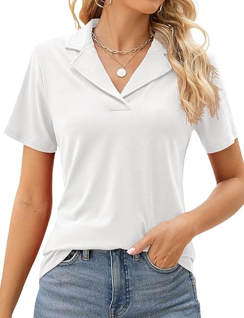 Rapbin Women's Polo Shirts Lapel Collar V Neck Short Sleeve Blouse Dressy Casual Tunic Tops on Amazon.ae - Price Tracker