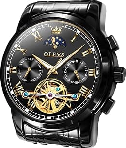 OLEVS Luxury Automatic Watch No Battery Men Mechanical Waterproof Stainless Steel Wrist Watch Tourbillon Skeleton Self Winding Wristwatch Adjustable Bracelet(No Battery Required) - Amazon.ae Price Tracker