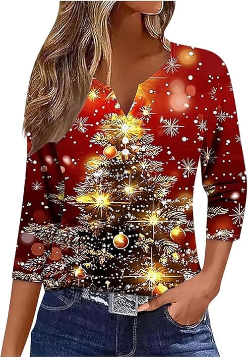 Christmas T Shirts Women Funny Ugly Christmas Jumpers V Neck T Shirts Henley Tops Long Sleeve Blouses Cute Santa Reindeer Tree Print Jumper Tunic Shirt Casual Holiday Pullover Blouse on Amazon.ae - Price Tracker