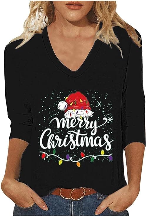Christmas Tshirts Women Ugly Xmas Jumpers V Neck T Shirt 3/4 Sleeve Tops Xmas Tree Merry Christmas Tops Loose Blouses Sweatshirt Dressy Tunic Top Casual Holiday Party Shirt on Amazon.ae - Price Tracker