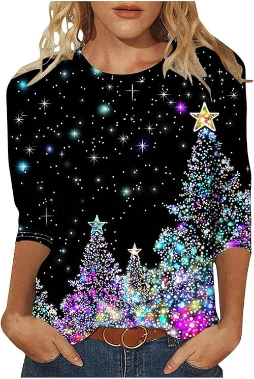 Christmas Tops for Women Funny Xmas T Shirts 3/4 Sleeve Tops Round Neck Blouses Xmas Tree Santa Elk Snowflake Print Tshirt Merry Christmas Jumper Pullover Dressy Blouses Plus Size on Amazon.ae - Price Tracker