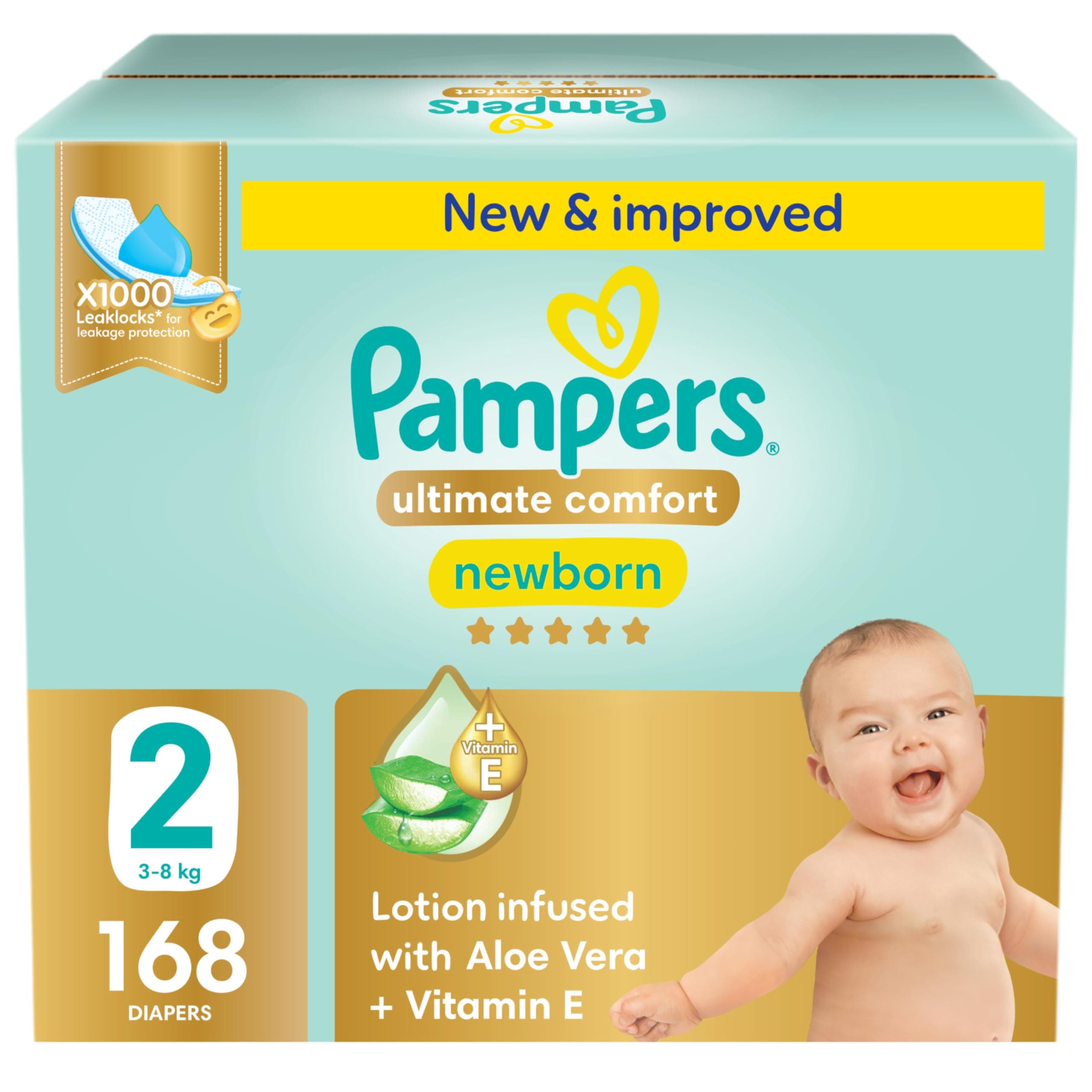 Pampers Ultimate Comfort Taped Diapers, Size 2, 3-8kg, Lotion infused with Aloe Vera and Vitamin E, x1000 Leak Locks Technology for Leakage Protection, Giant Saving Pack, 168 Count on Amazon.ae - Price Tracker
