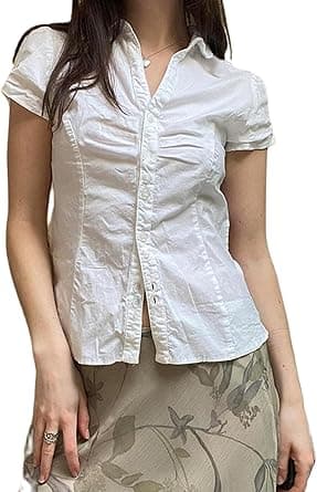 Women Y2k Button Down Shirts Ruched Lapel Collar Short Sleeve Office Business Blouse Summer Fashion Street Tops on Amazon.ae - Price Tracker