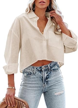 Tankaneo Womens Button Down Cropped Shirts Long Sleeve Casual Crop Tops Solid Lapel Blouse Shirt with Chest Pocket on Amazon.ae - Price Tracker