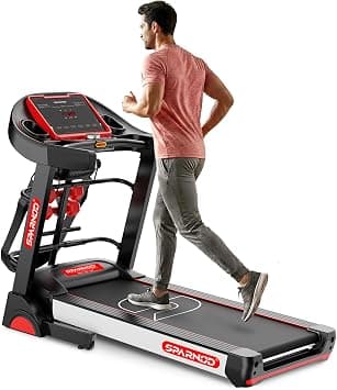 Sparnod Fitness Motorized Treadmill for Home Use, 5HP Motor, 1–14 km/h Speed, 15% Auto Incline, LED Display, USB/Bluetooth, Foldable, Max Weight 120 kg on Amazon - Best Deal Finder