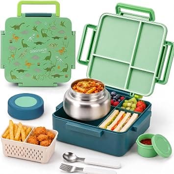 Kids Lunch Box with Insulated Food Jar: 4-Compartment 1800ml Leak Proof Bento Lunch Box for Kids with 280ml Stainless Steel Thermal Food Jar for School, Boys and Girls (Dinosaur Green) on Amazon.ae - Price Tracker