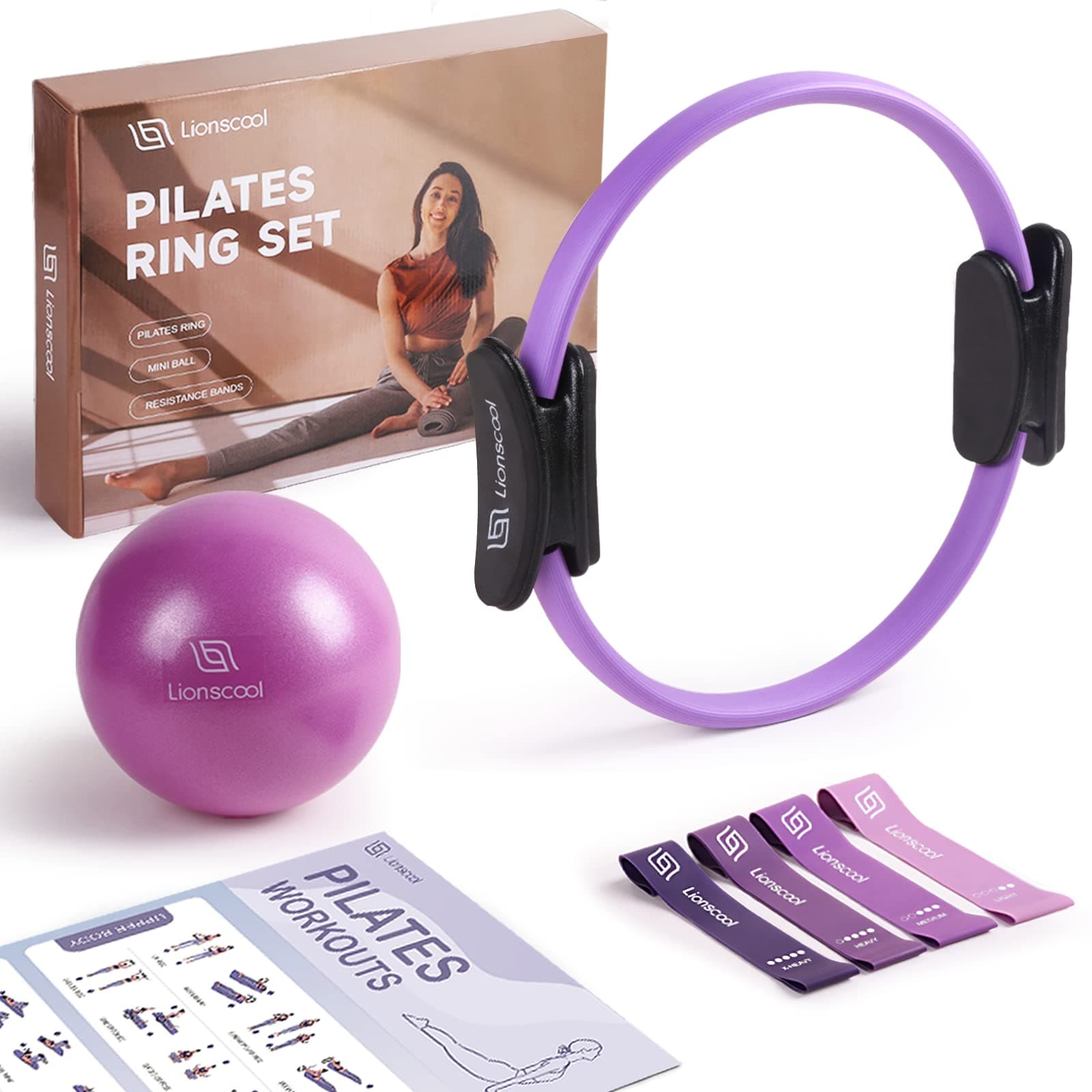 LIONSCOOL PILATES RING SET - Premium Anti-Deformation 14”Magic Circle with Dual Padded Handles - Includes Burst Resistant Pilates Mini Ball & Highly Elastic Resistance Bands - Free Workout Guide & Bag on Amazon.ae - Price Tracker