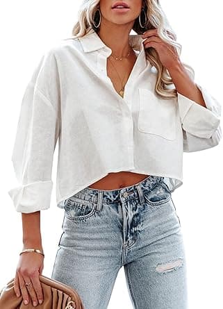Tankaneo Womens Button Down Cropped Shirts Long Sleeve Casual Crop Tops Solid Lapel Blouse Shirt with Chest Pocket on Amazon.ae - Price Tracker
