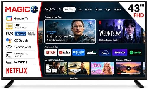 MAGIC 43 Inch FHD Smart TV with Google TV, 2.4G/5G Wi-Fi, Bluetooth 5.0, Chromecast Built-in, HDMI, Netflix, YouTube, Prime Video & Shahid, Black on Amazon.ae - Price Tracker