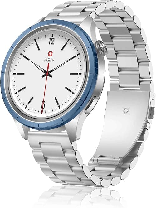 Swiss Military DOM8 Smartwatch, 1.43” AMOLED Display, Bluetooth Calling, Silver Metal Strap + Extra Silicone Strap, IP67, Health Tracking, Multi-Sport, Wireless Charging, iOS & Android (Blue Ring) على Amazon.ae - متتبع الأسعار