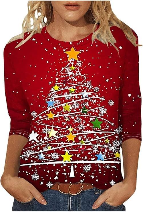 Christmas Tops for Women Funny Xmas T Shirts 3/4 Sleeve Tops Round Neck Blouses Xmas Tree Santa Elk Snowflake Print Tshirt Merry Christmas Jumper Pullover Dressy Blouses Plus Size on Amazon.ae - Price Tracker