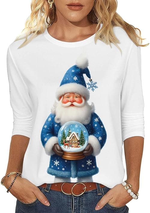 Womens Christmas Tops Novelty Christmas Jumpers 3/4 Sleeve Round Neck Tops Santa Cruz Xmas Tree Snowflake Printed Blouses Casual T Shirts Tunic Shirt Xmas Holiday Top Pullover Blouse on Amazon.ae - Price Tracker