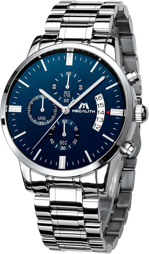 MEGALITH Mens Watch Analog Silver: Stainless Steel Waterproof Chronograph Fashion Casual Elegant Date Mens Wrist Watch على Amazon.ae - متتبع الأسعار