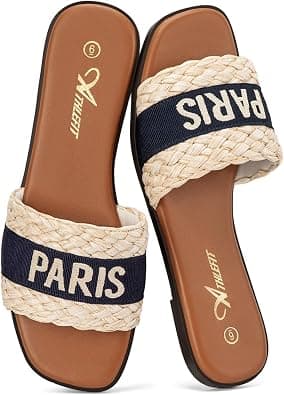 Athlefit Summer Black Flat Sandals for Women Comfortable Slip On Slide Sandals 2024 Fashion on Amazon.ae - Price Tracker