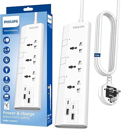 Philips 3-Way Universal Power Extension Cord with Separate Switches (1.5M), 4 USB Ports (2 USB-C, 2 USB-A), 3x1mm² Heavy Duty Wire, 2500W Overload Protection,13A Fuse, ESMA Certified, UK Plug - White on Amazon.ae - Price Tracker