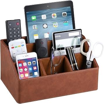 PU Leather Desk Organizer, with 5 Compartments, Luxury Table Caddy for Remote Controls, Pens, Tablets, Office and Home Desk Accessories, Nightstand Storage, Brown on Amazon.ae - Price Tracker