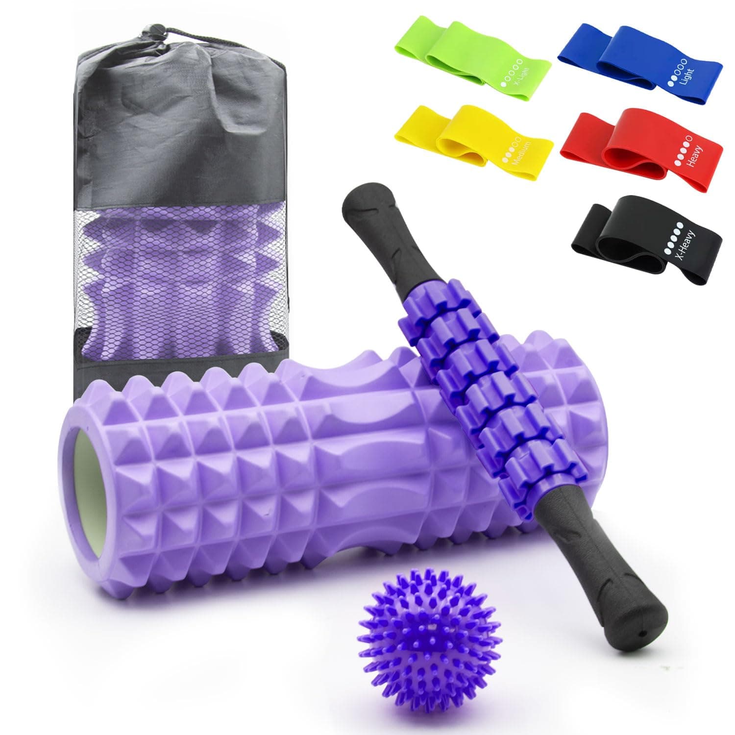 TINY SPARK 9 IN 1 Foam Roller, Yoga Rollers for Muscle Massage, Foam Roller with Muscle Roller Stick, Massage Roller, Spike Massage Ball, 4pcs Resistance Loop Bands All in Carrying Bag (33cm, Purple) on Amazon.ae - Price Tracker