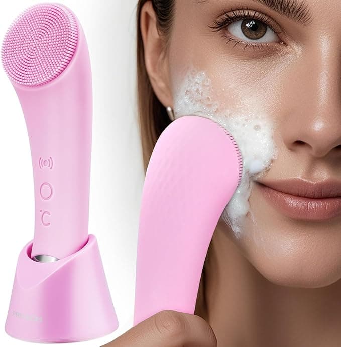 PRITECH Facial Cleansing Brush, Rechargeable Silicone Face Scrubber with Heat Massage End, Vibrating Exfoliator Scrubber for Deep Cleaning, Waterproof Face Brush for Women and Men (Pink) on Amazon.ae - Price Tracker