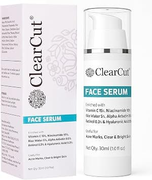 ClearCut 15% Vitamin C Face Serum | 10% Niacinamide | 0.5% Alpha Arbutin | 0.3% Retinol |Acne Marks Glowing skin | Rice water Hyaluronic acid 30 ml على Amazon.ae - متتبع الأسعار