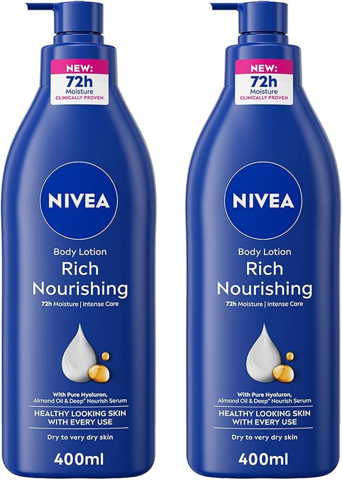 NIVEA Body Lotion for Dry to Very Dry Skin, Rich Nourishing with Pure Hyaluron, 72H Intense Moisture, 2x400ml on Amazon.ae - Price Tracker