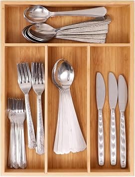 HOKIPO 4 Compartments Bamboo Cutlery Tray for Kitchen Drawer | Cutlery Holder Organiser Storage Tray (AR3671) على Amazon.ae - متتبع الأسعار