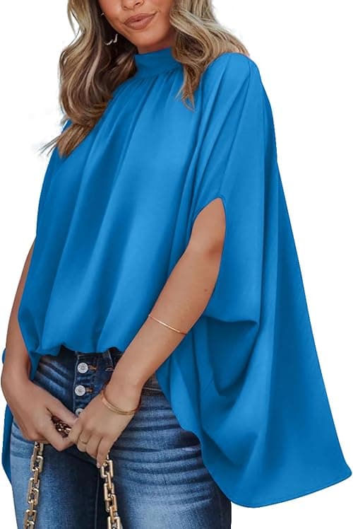 BTFBM Women Mock Neck Batwing Short Sleeve Summer Tops 2024 Spring Loose High Low Hem Casual Oversize Blouses Shirts Top on Amazon.ae - Price Tracker