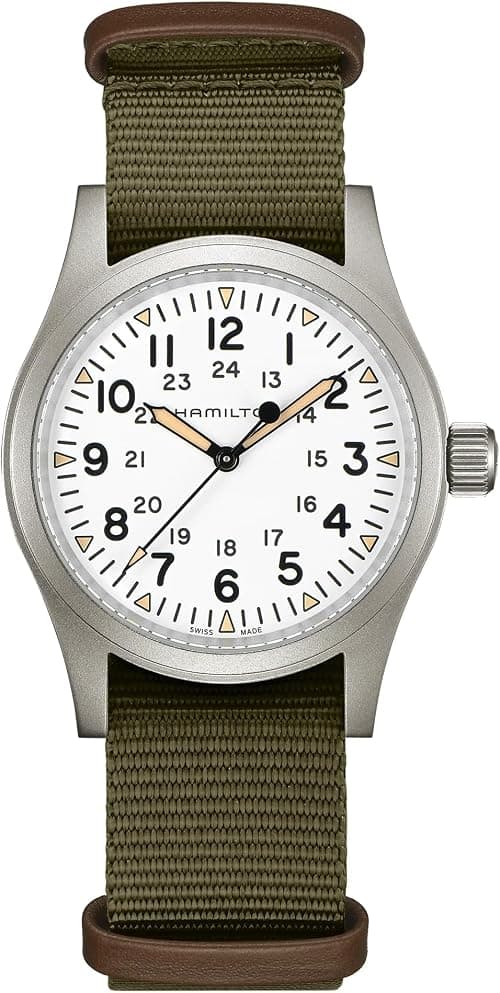 Hamilton Watch Khaki Field Mechanical 38mm | Swiss Made | 38mm Stainless Steel Case | White Dial Analog Watch | Green Textile NATO Strap (Model: H69439411) on Amazon - Best Deal Finder